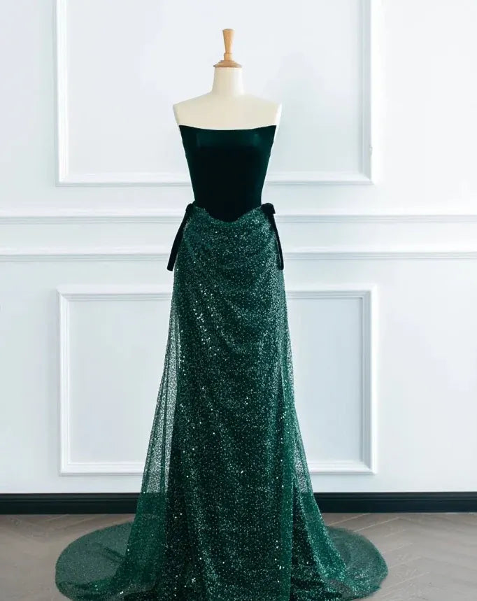 Emerald Green Velvet Sequin Strapless Mermaid Gown – Bow Detail Formal Evening Dress