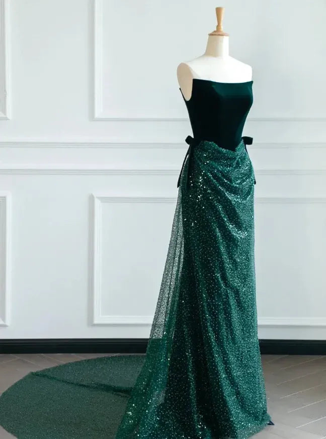 Emerald Green Velvet Sequin Strapless Mermaid Gown – Bow Detail Formal Evening Dress