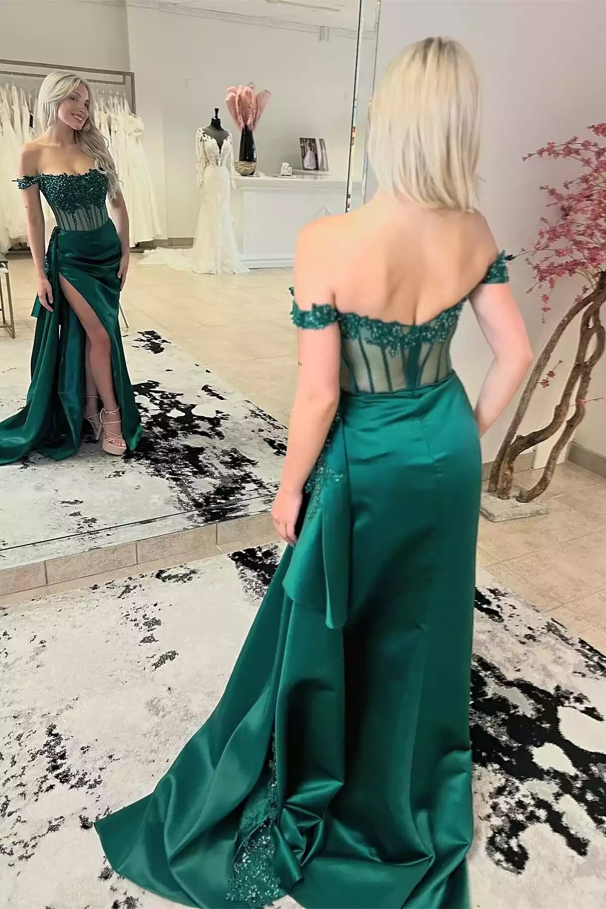 Emerald Satin Off-Shoulder Beaded Mermaid Gown – Regal & Dazzling Evening Party Dress