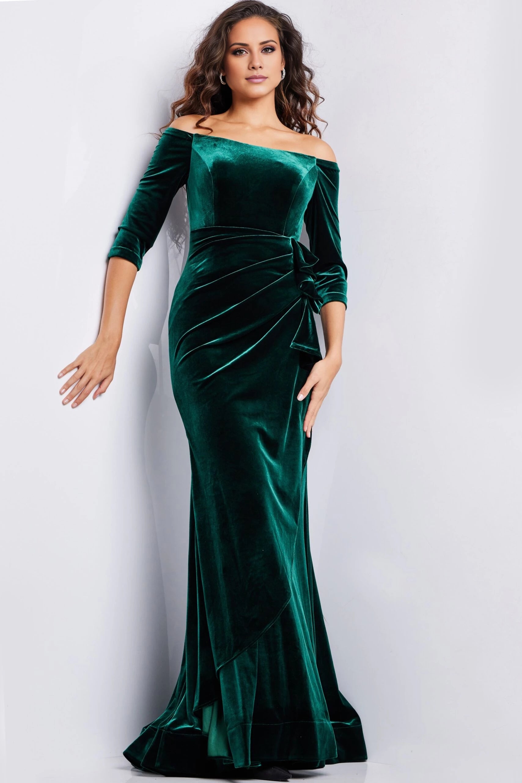 Emerald Three Quarter Sleeve Velvet Dress  Evening Dresses