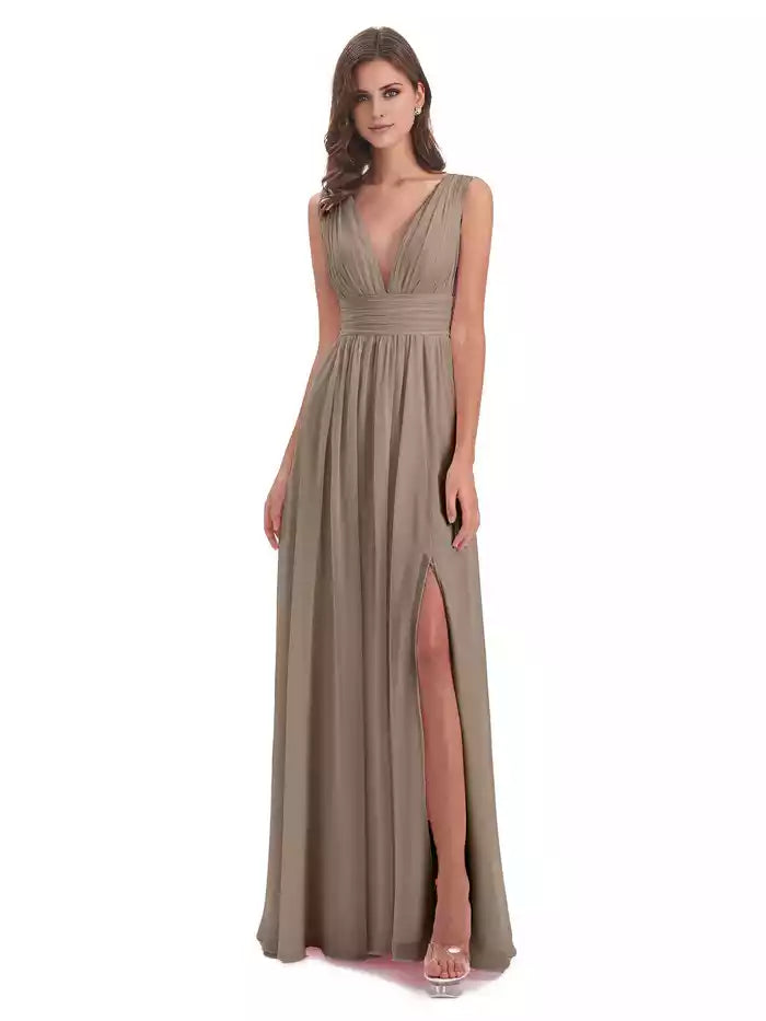 Emma Floor Length V Neck Split Chiffon Bridesmaid Dresses