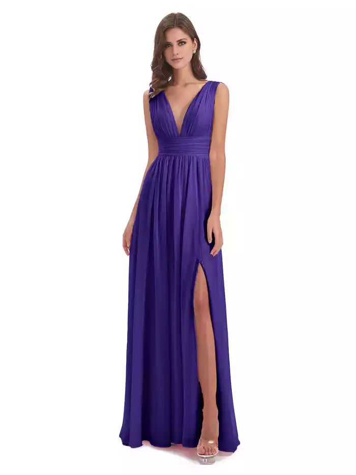 Emma Floor Length V Neck Split Chiffon Bridesmaid Dresses