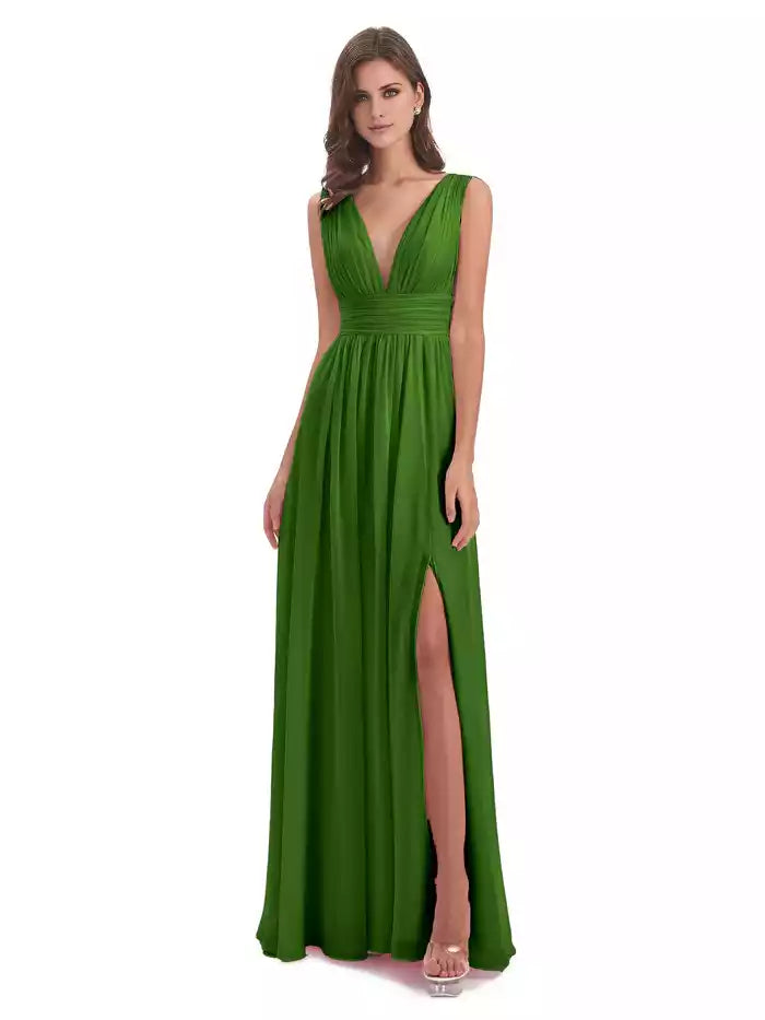 Emma Floor Length V Neck Split Chiffon Bridesmaid Dresses