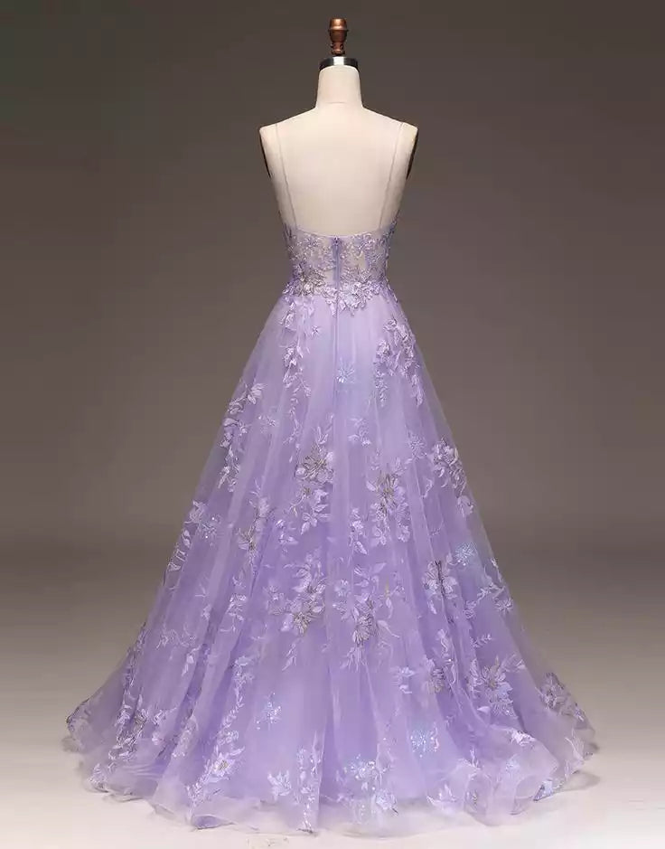 Enchanted Lavender Tulle Ballgown with Floral Embroidery & Plunging V-Neck