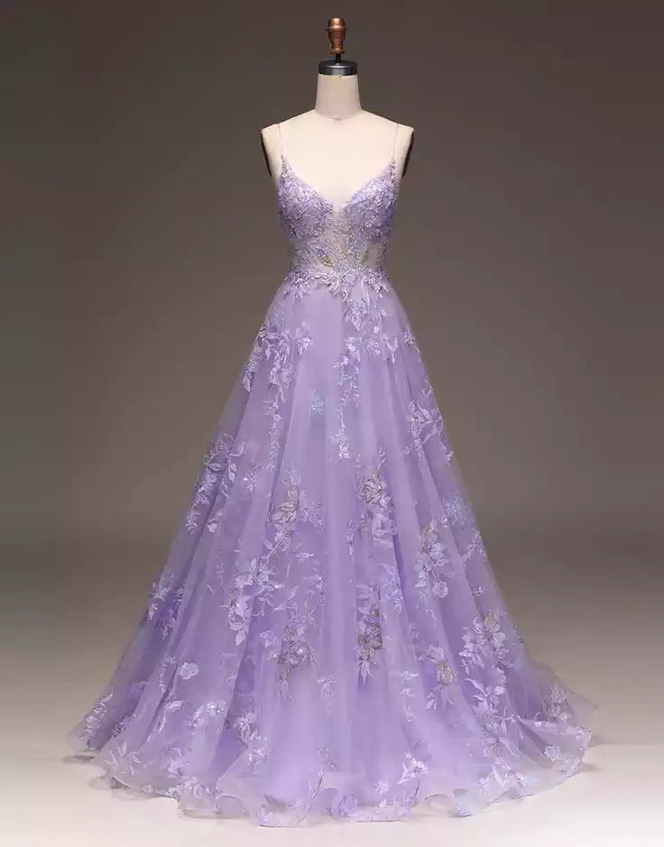 Enchanted Lavender Tulle Ballgown with Floral Embroidery & Plunging V-Neck