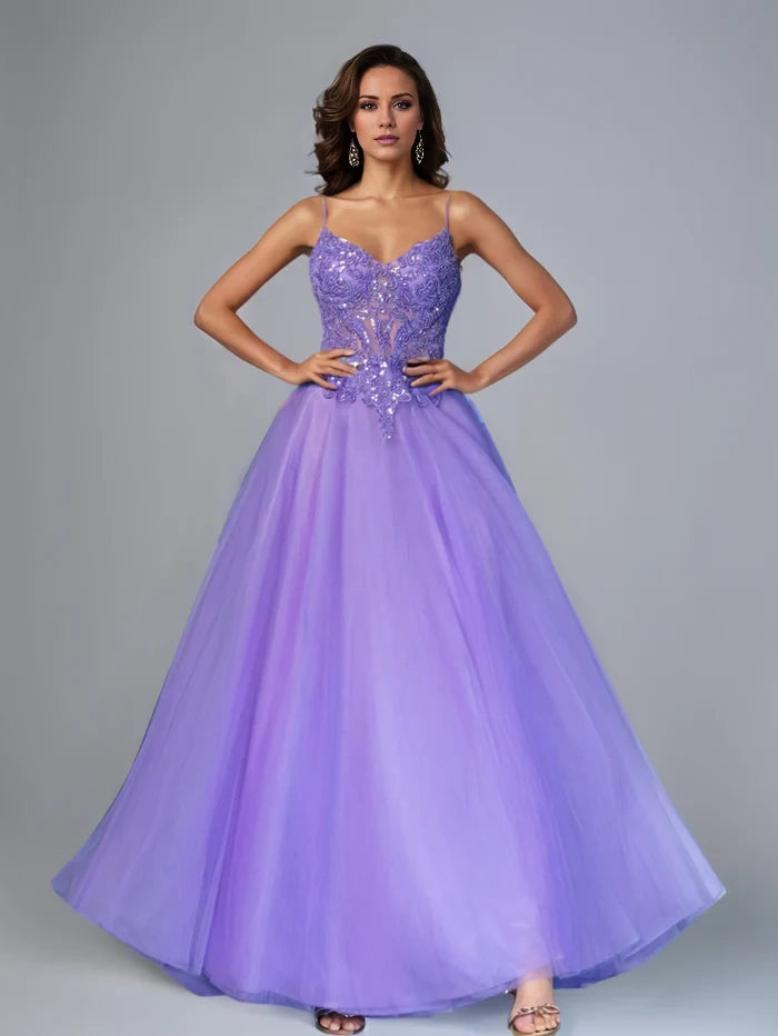 Enchanting Ball Gown Sweetheart Neck Spaghetti Strap Open Back Long Length Prom Dresses