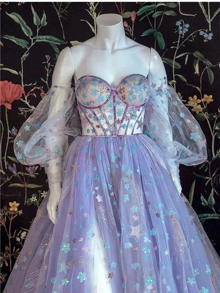 Enchanting Ball Gown Sweetheart Off - Shoulder Puff Sleeve Zipper Back Long Length Prom Dresses