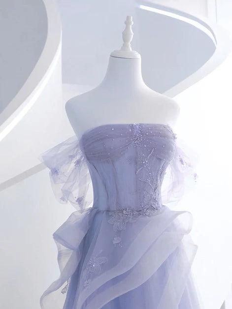 Enchanting Ballgown Off-Shoulder Tulle Beaded-Bodice Ruffled-Sleeve Floor-Length Evening Dresses