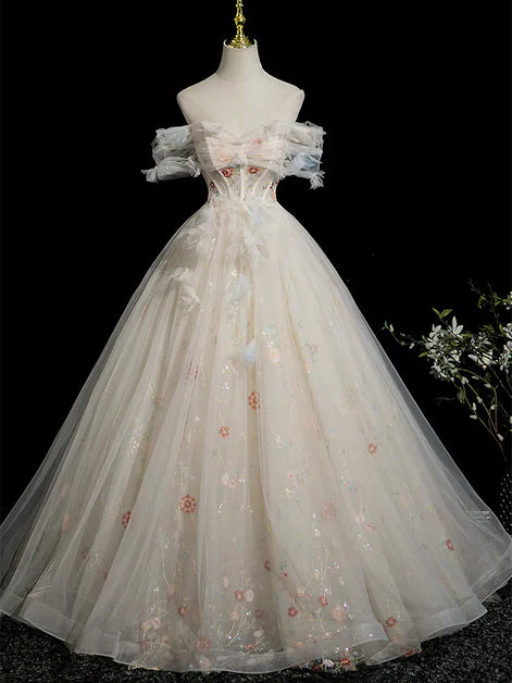 Enchanting Ballgown Off-Shoulder Tulle Floral-Embroidery Lace-Up Back Floor-Length Evening Dresses