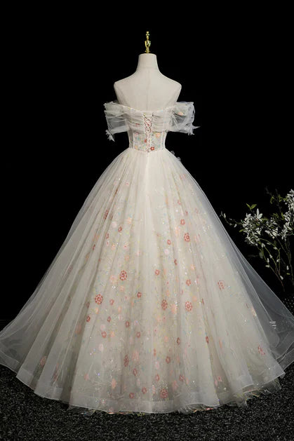 Enchanting Ballgown Off-Shoulder Tulle Floral-Embroidery Lace-Up Back Floor-Length Evening Dresses