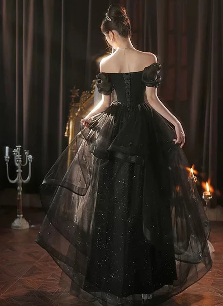 Enchanting Ballgown Off-Shoulder Tulle Sequin-Accent Lace-Up Back High-Low Evening DressesEnchanting Ballgown Off-Shoulder Tulle Sequin-Accent Lace-Up Back High-Low Evening Dresses