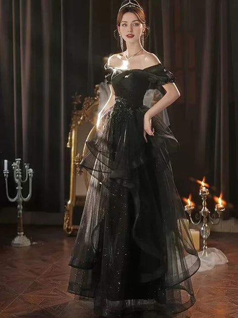 Enchanting Ballgown Off-Shoulder Tulle Sequin-Accent Lace-Up Back High-Low Evening DressesEnchanting Ballgown Off-Shoulder Tulle Sequin-Accent Lace-Up Back High-Low Evening Dresses