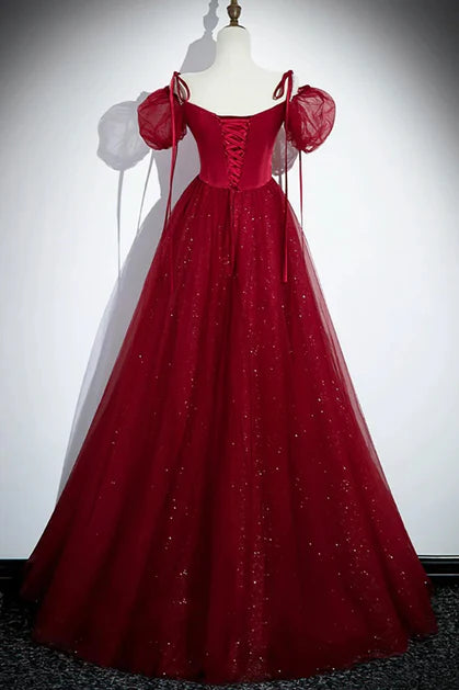 Enchanting Ballgown Square-Neck Satin Glitter-Tulle Tie-Sleeve Ruched-Back Floor-Length Evening Dresses