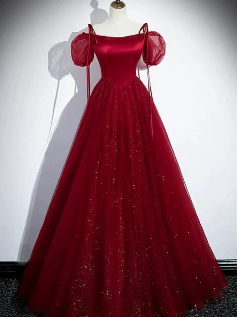 Enchanting Ballgown Square-Neck Satin Glitter-Tulle Tie-Sleeve Ruched-Back Floor-Length Evening Dresses