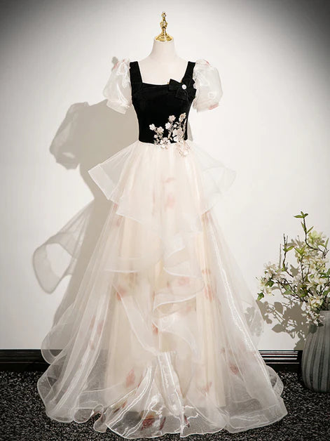 Enchanting Ballgown Square-Neck Velvet-Tulle Contrast 3D-Flower Back-Zip Floor-Length Evening Dresses