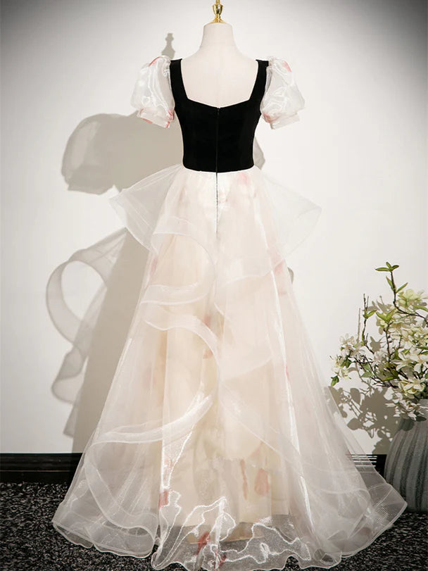 Enchanting Ballgown Square-Neck Velvet-Tulle Contrast 3D-Flower Back-Zip Floor-Length Evening Dresses