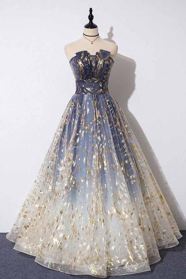 Enchanting A-Line Strapless Gradient Gold Foil Tulle Prom Dresses