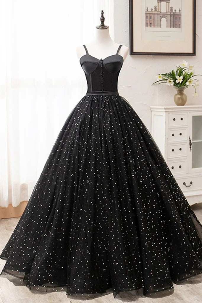 Enchanting A-Line Sweetheart Sequin-Tulle Black Prom Dresses