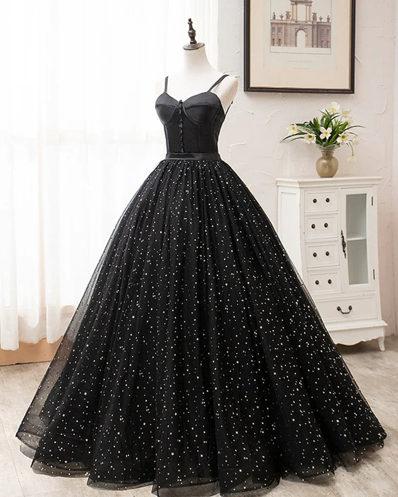 Enchanting A-Line Sweetheart Sequin-Tulle Black Prom Dresses