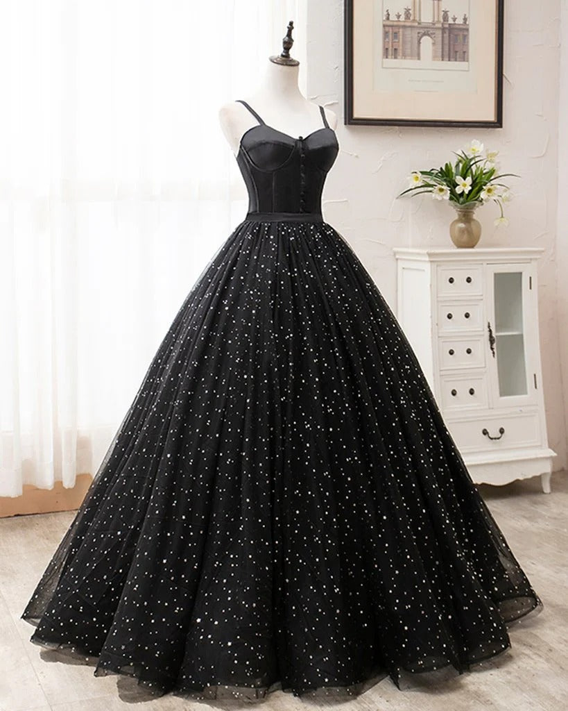 Enchanting A-Line Sweetheart Sequin-Tulle Black Prom Dresses