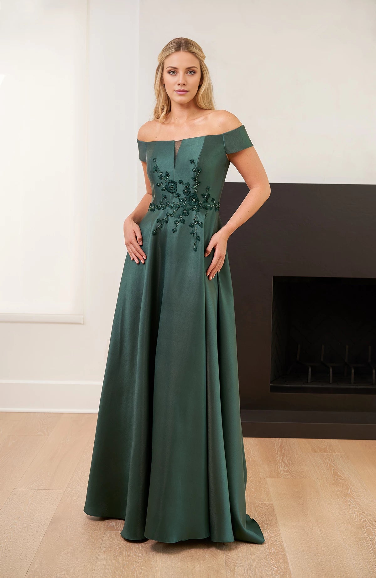 Enchanting  A-line Gown with Off-the-Shoulder Neckline and 3-D Embroidered Bodice Mother of the Bride Dresses