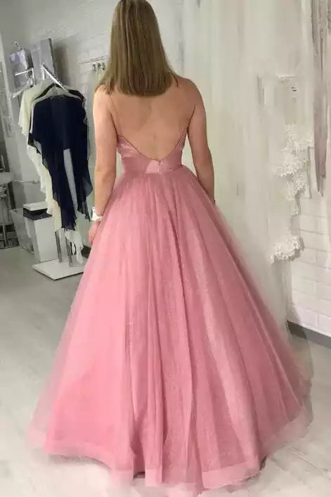 Enchanting Blush Glitter Tulle Ballgown with Plunging V-Neckline