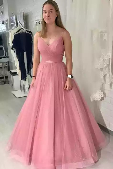 Enchanting Blush Glitter Tulle Ballgown with Plunging V-Neckline