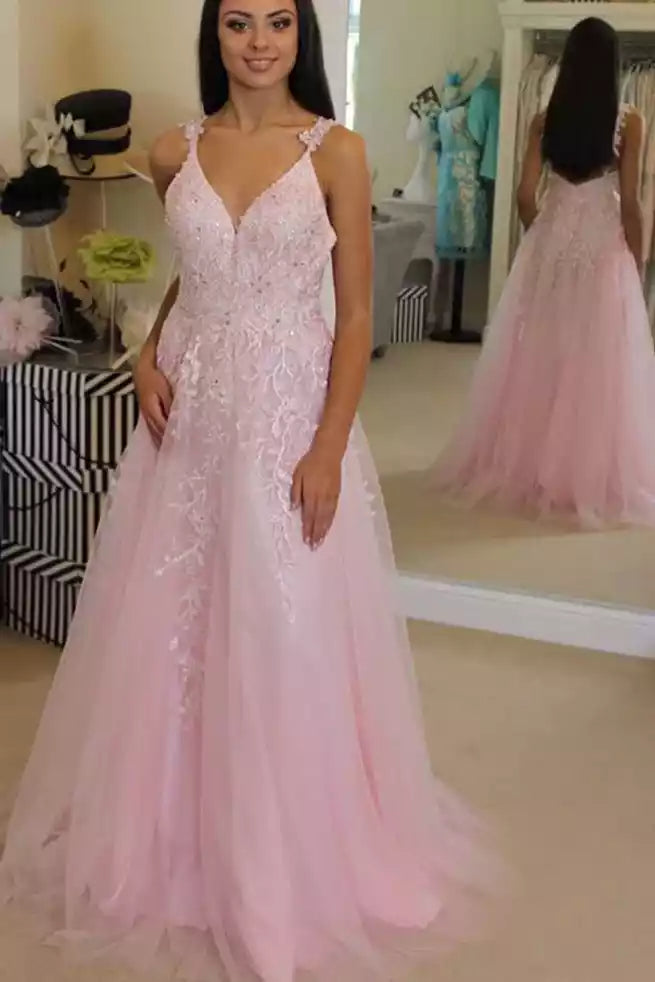 Enchanting Blush Tulle Gown with Embroidered Lace & Plunging V-Neckline