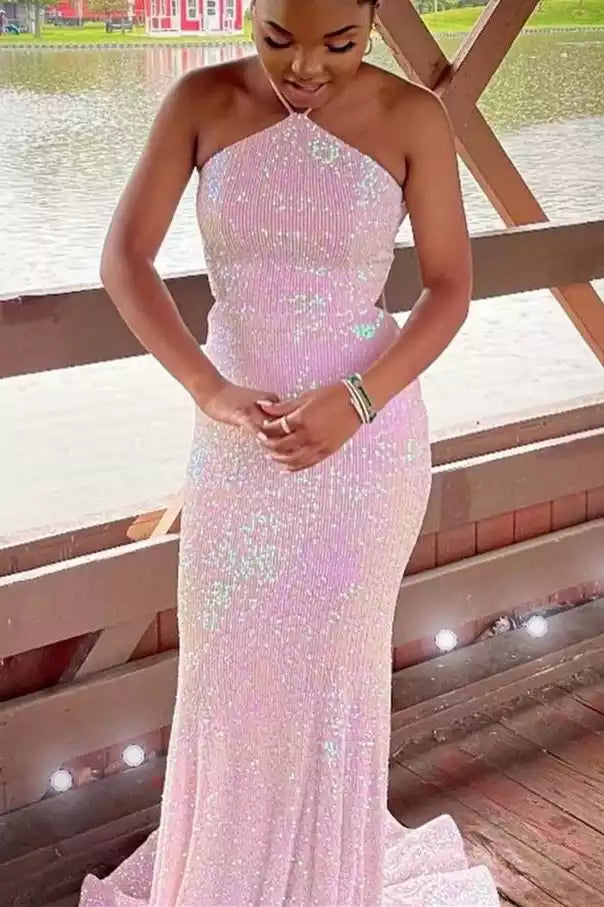 Enchanting Iridescent Pink Sequin Mermaid Gown with Halter Neckline & Cutout Back