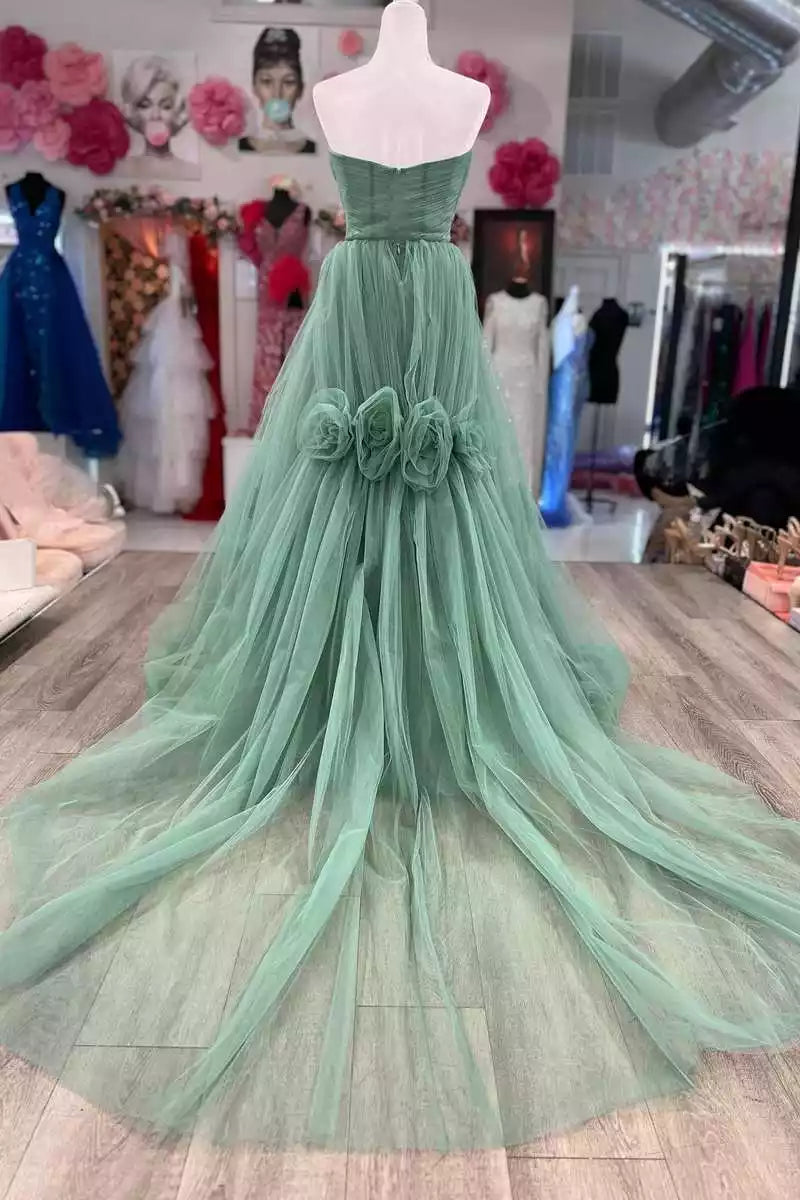 Enchanting Sage Green Tulle Gown with Strapless Bodice & 3D Flower Embellishments