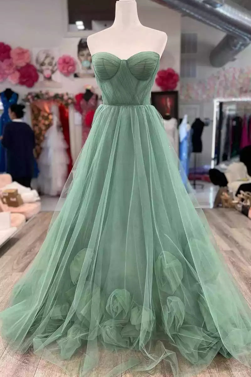 Enchanting Sage Green Tulle Gown with Strapless Bodice & 3D Flower Embellishments