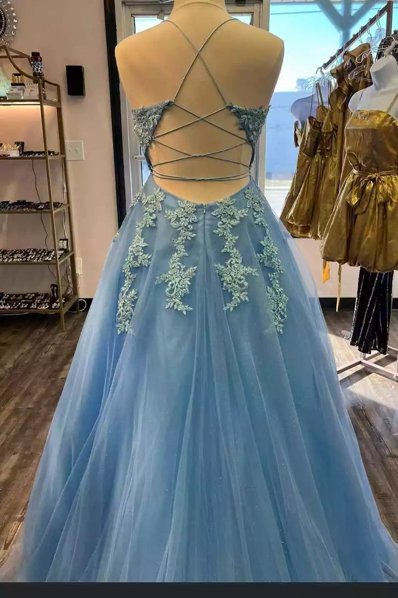 Enchanting Sky Blue Tulle Ballgown with Lace Bodice & Crisscross Back
