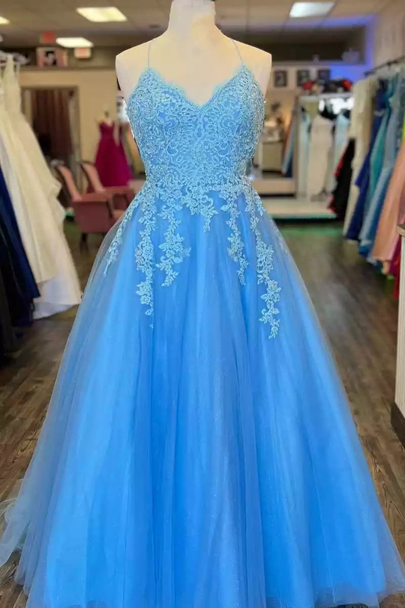 Enchanting Sky Blue Tulle Ballgown with Lace Bodice & Crisscross Back