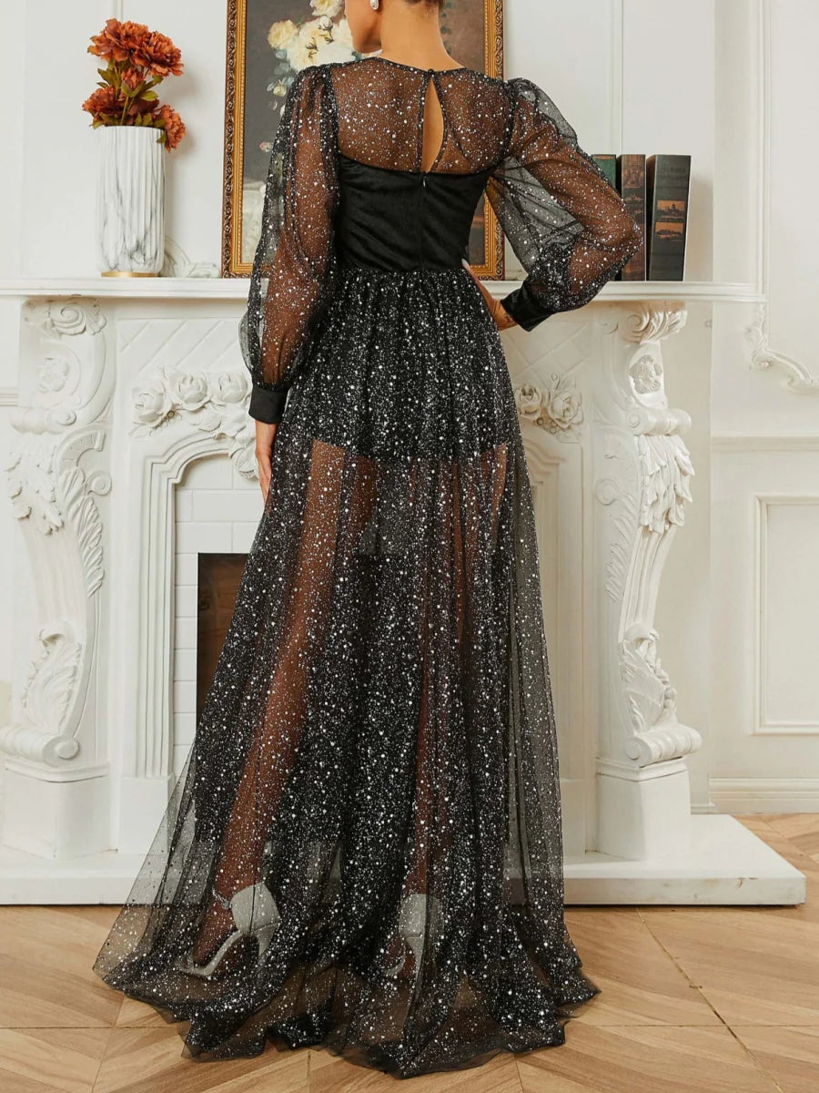 Enchanting Sweetheart Neck Velvet Bodice Sparkling Sheer Mesh Floor-Length Formal Evening Dresses