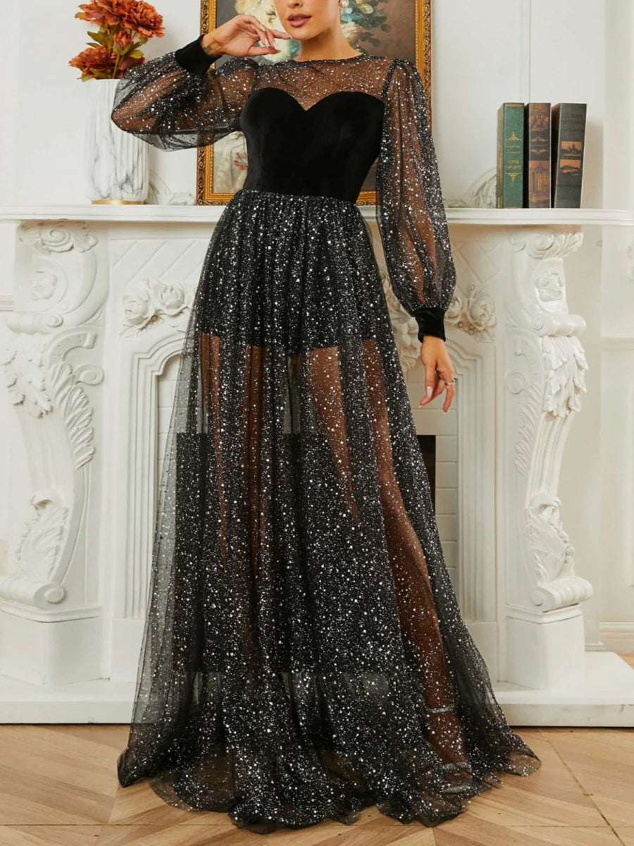 Enchanting Sweetheart Neck Velvet Bodice Sparkling Sheer Mesh Floor-Length Formal Evening Dresses