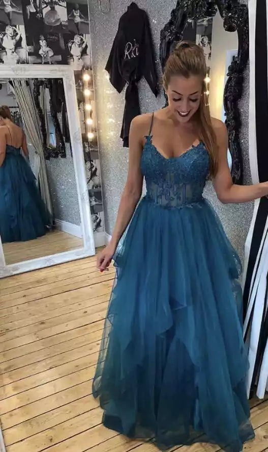 Enchanting Teal Tulle Ballgown with Lace Bodice & Open Back