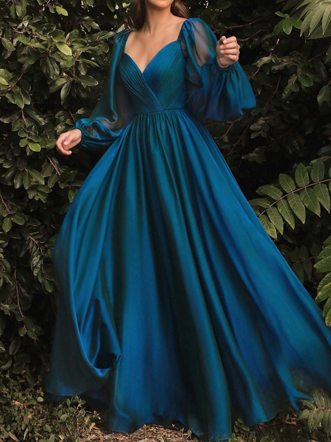 Enchanting V-Neck Chiffon Ball Gown Evening Dress with Sheer Puff Sleeves