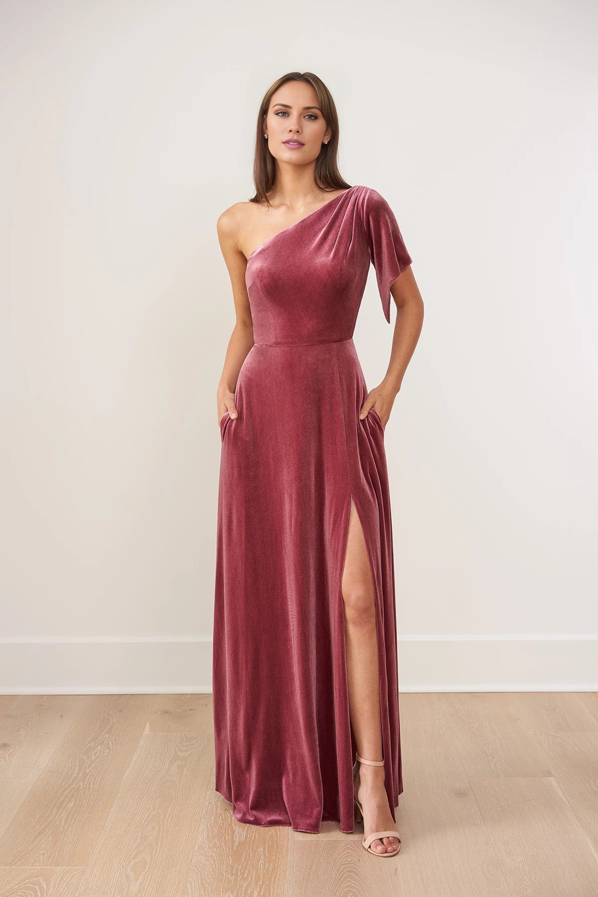 Enchanting Velvet Fit and Flare Gown with One Shoulder Look and Angular Short Sleeve Bridesmaid Dresses