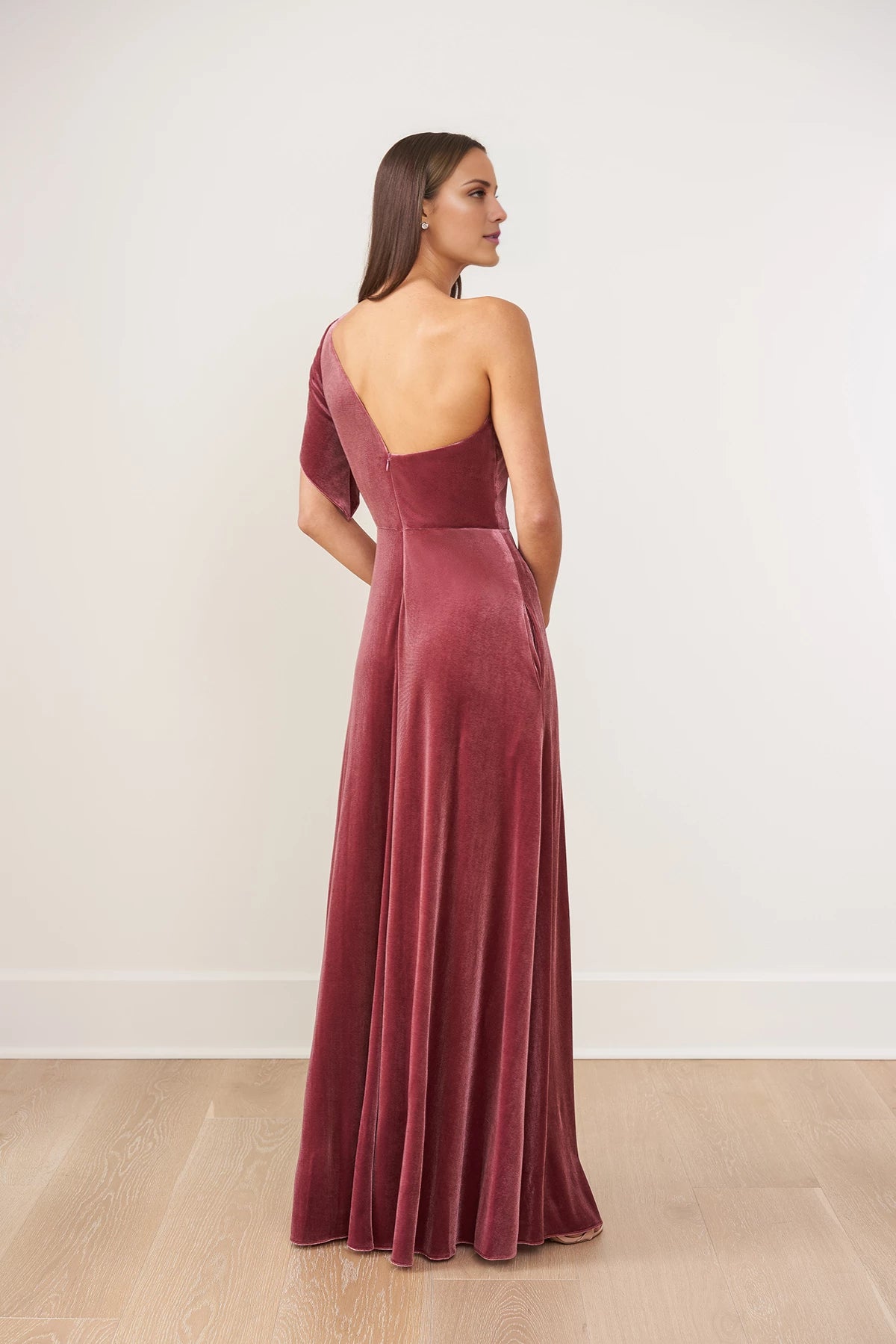 Enchanting Velvet Fit and Flare Gown with One Shoulder Look and Angular Short Sleeve Bridesmaid Dresses