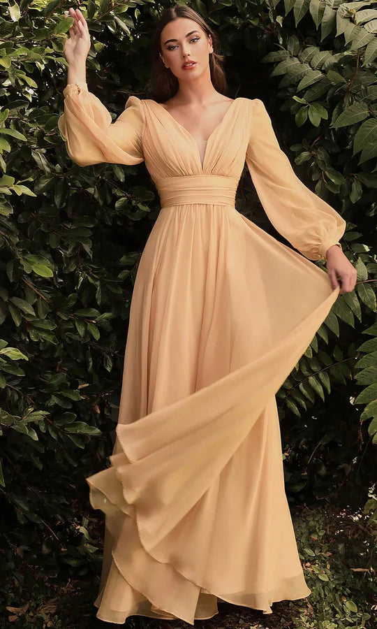 Ethereal A-Line Deep-V-Neck Puff-Sleeve Open-Back Peach Chiffon Floor-Length Mother of the Bride Dresses