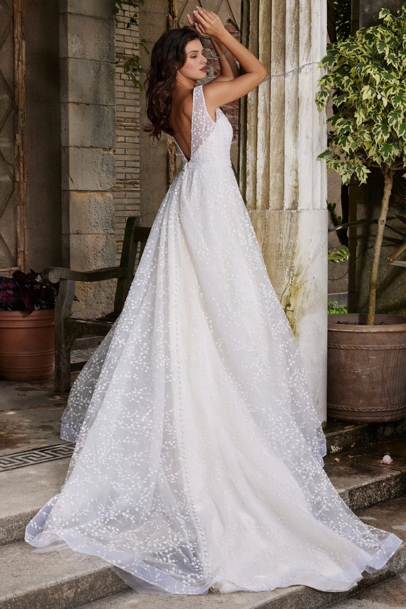 Ethereal A-Line Deep-V-Neck Sleeveless Pearl-Button Open-Back Train Length Wedding Dresses