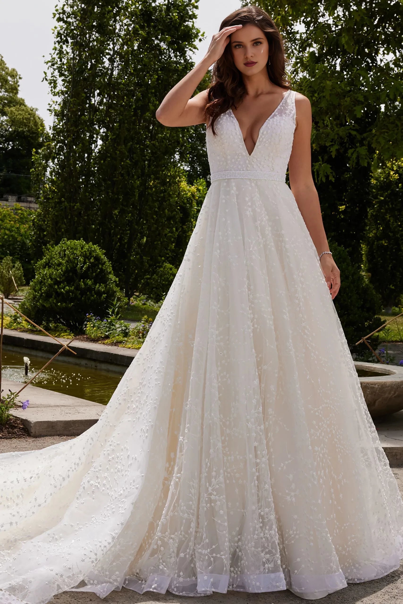 Ethereal A-Line Deep-V-Neck Sleeveless Pearl-Button Open-Back Train Length Wedding Dresses