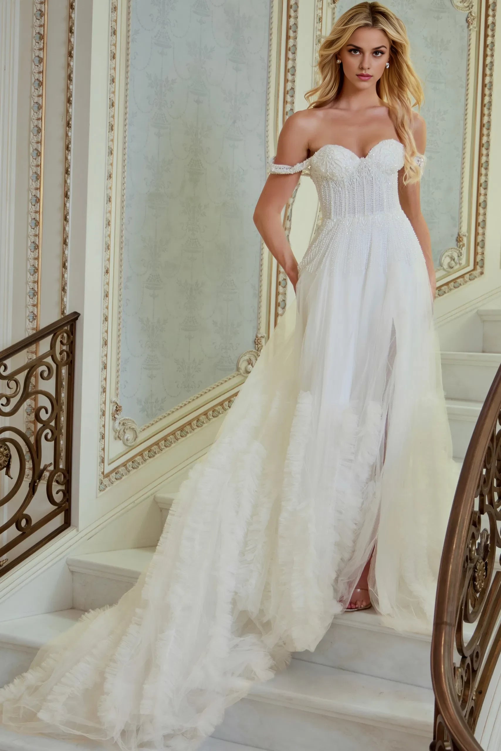 Ethereal A-Line Off-Shoulder Beaded-Detail Sheer-Back High-Slit Train Length Wedding Dresses