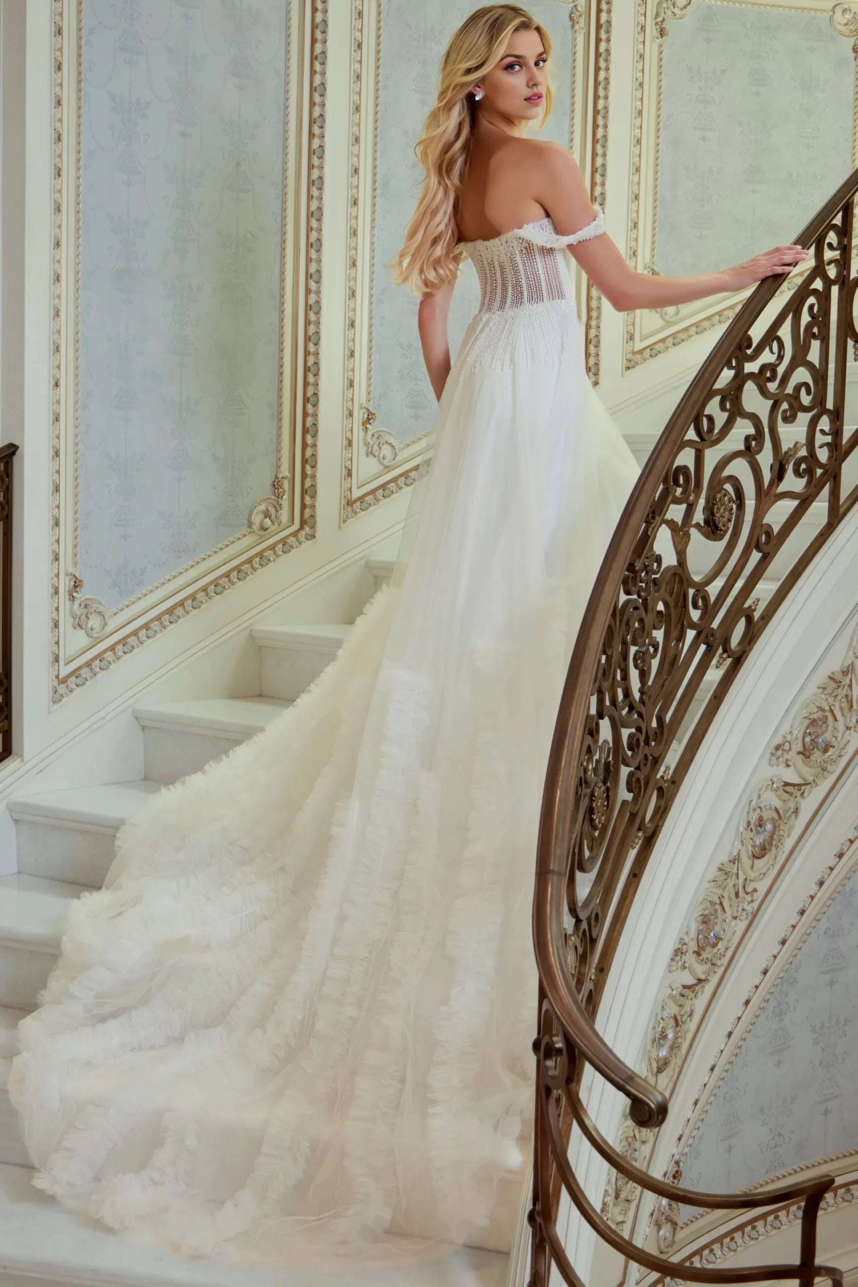 Ethereal A-Line Off-Shoulder Beaded-Detail Sheer-Back High-Slit Train Length Wedding Dresses