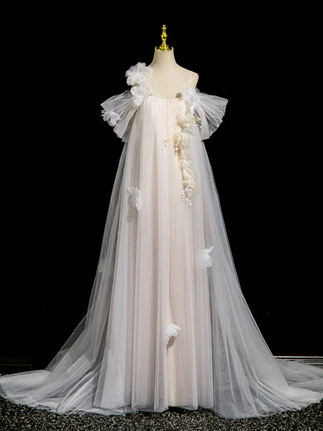 Ethereal A-Line Off-Shoulder Tulle 3D-Flower Back-Zip Train Length Evening Dresses