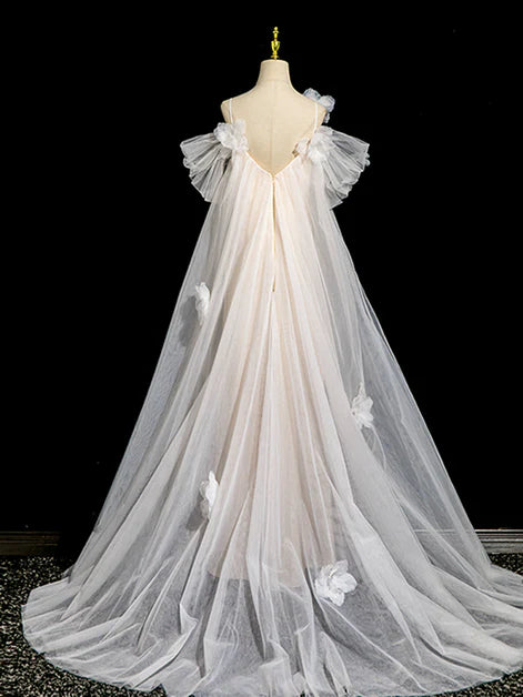 Ethereal A-Line Off-Shoulder Tulle 3D-Flower Back-Zip Train Length Evening Dresses