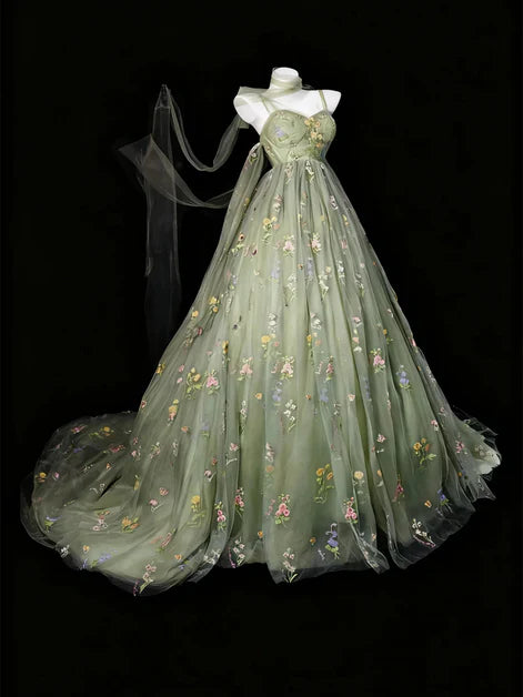 Ethereal A-Line Spaghetti-Strap Floral-Embroidered Sheer-Cape Train Length Evening Dresses