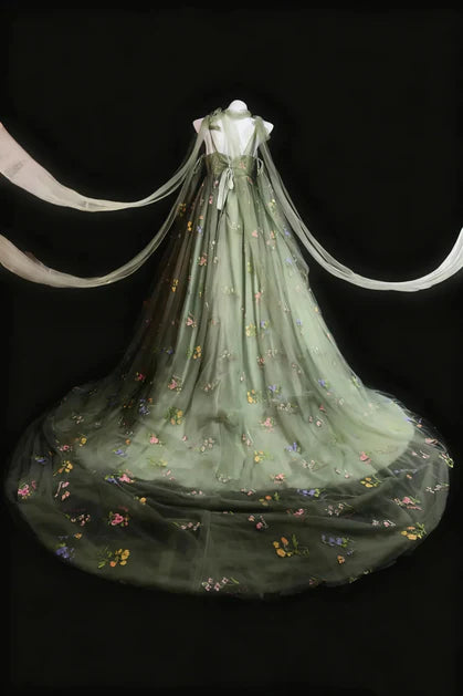 Ethereal A-Line Spaghetti-Strap Floral-Embroidered Sheer-Cape Train Length Evening Dresses