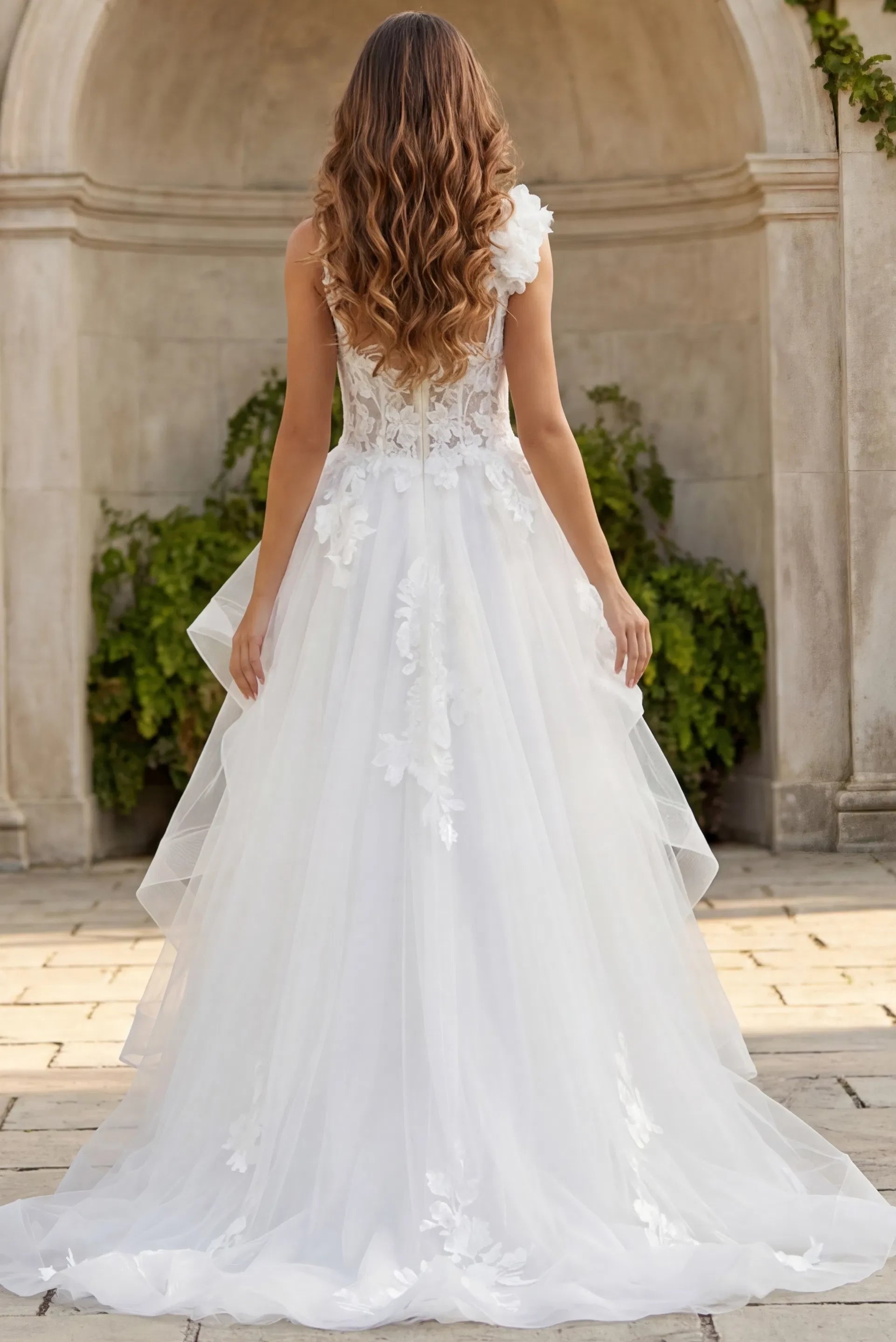 Ethereal A-Line Spaghetti-Strap Floral-Lace Ruffled-Skirt Open-Back Train Length Wedding Dresses