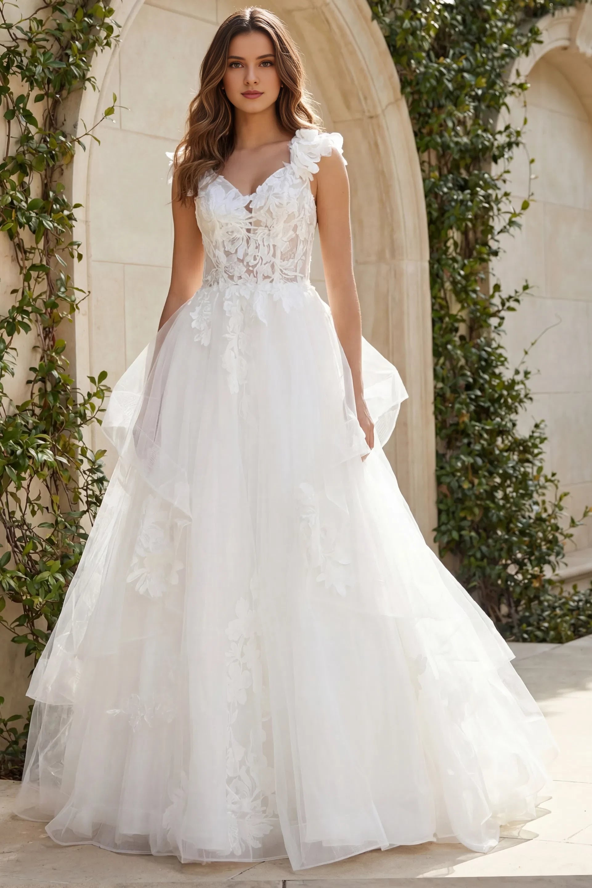 Ethereal A-Line Spaghetti-Strap Floral-Lace Ruffled-Skirt Open-Back Train Length Wedding Dresses